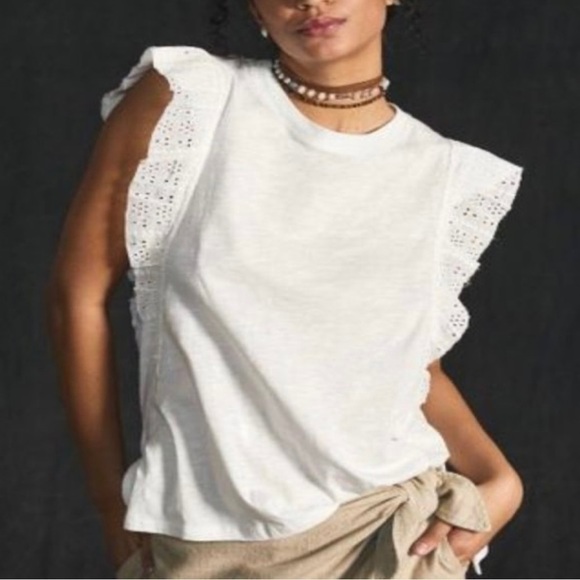 PILCRO for Anthropologie White top with eyelet elements and wide arm opening - Picture 3 of 14